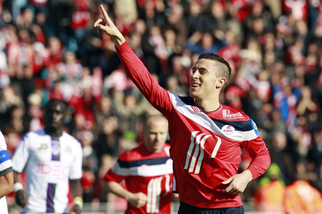 Lille's Eden Hazard celebrates after he scored a penalty during their French Ligue 1 soccer match against Toulouse.