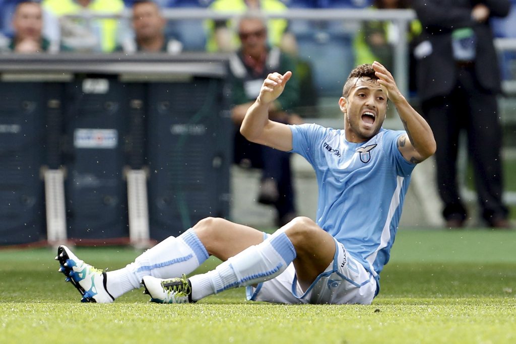 Felipe Anderson reacts as he sits on the field.