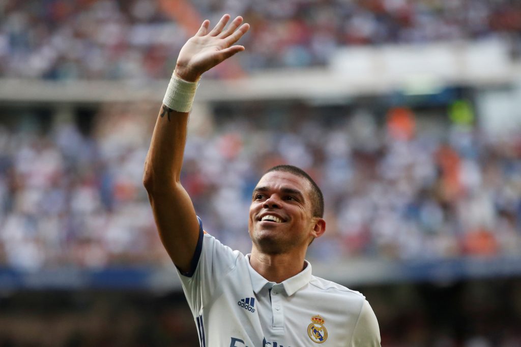 Pepe celebrates his first goal during the match.