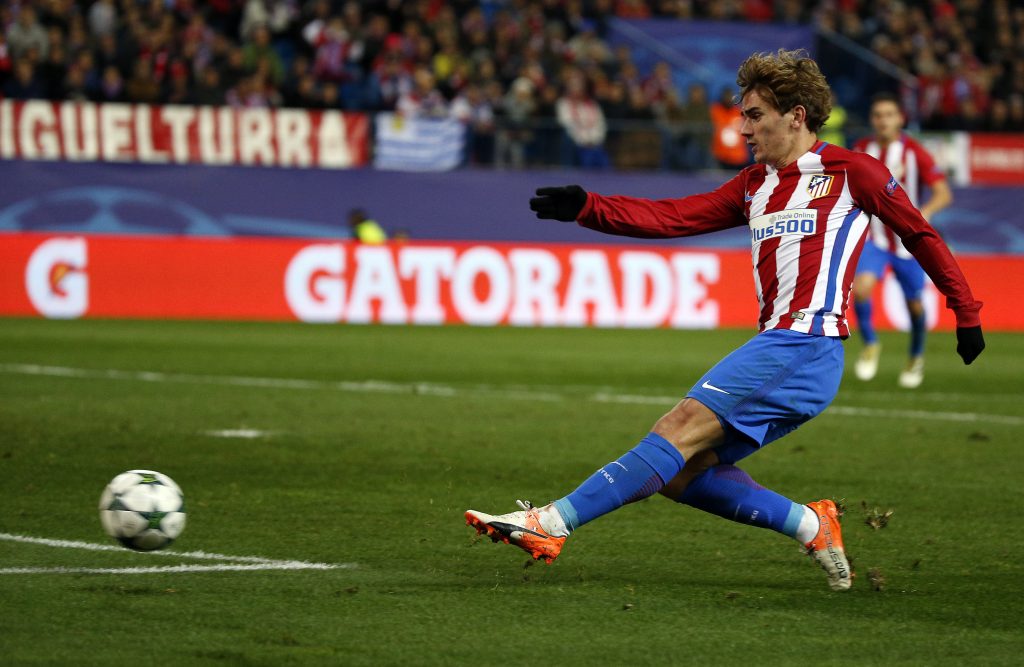 Atletico Madrid's Antoine Griezmann scores their second goal.