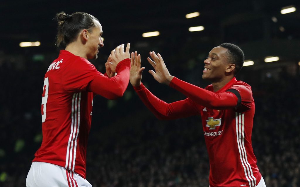 Anthony Martial celebrates scoring second goal with Zlatan Ibrahimovic.