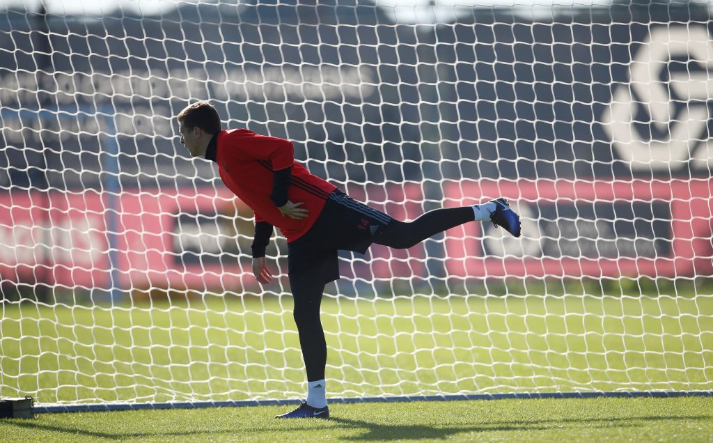 Victor Lindelof attends a training session.