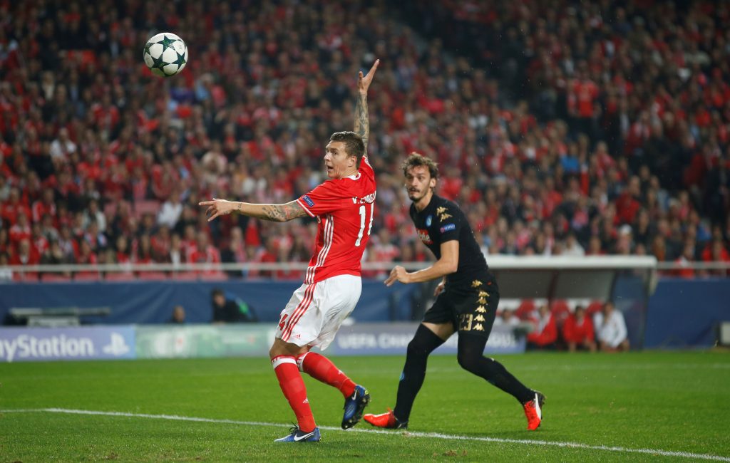 Victor Lindelof in action against Manolo Gabbiadini.