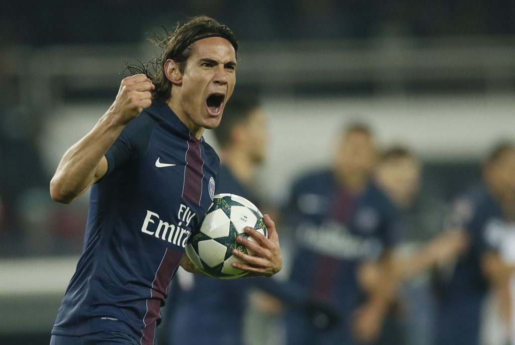 Edinson Cavani celebrales after scoring against PFC Ludogorets.