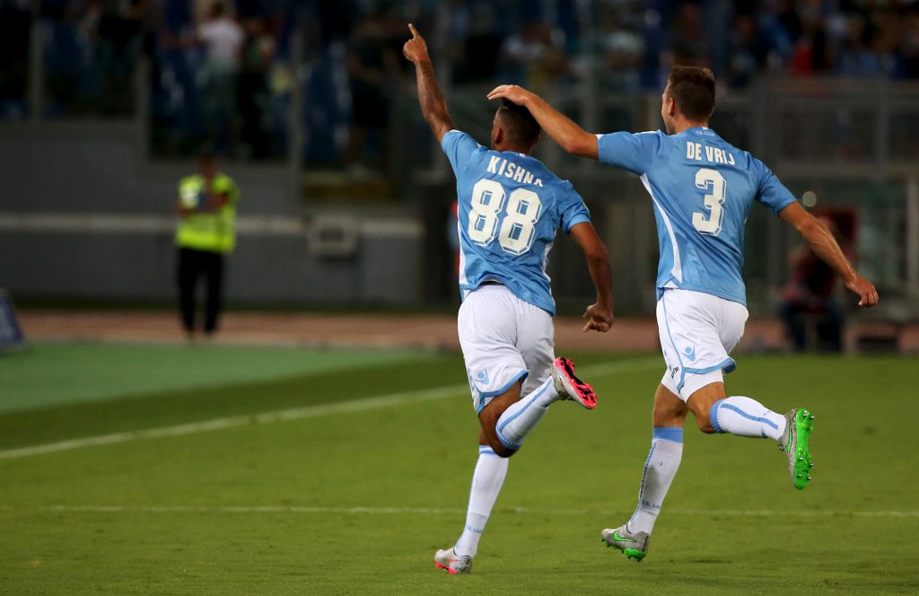 Lazio's Kishna celebrates with his teammate De Vrij