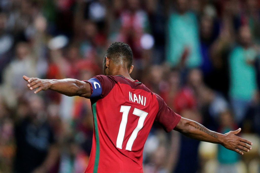 Portugal's Nani Almeida celebrates his goal against Gibraltar.