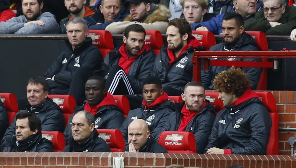 Juan Mata, Daley Blind, Sergio Romero, Eric Bailly, Marcus Rashford, Wayne Rooney and Marouane Fellaini on the substitutes bench.