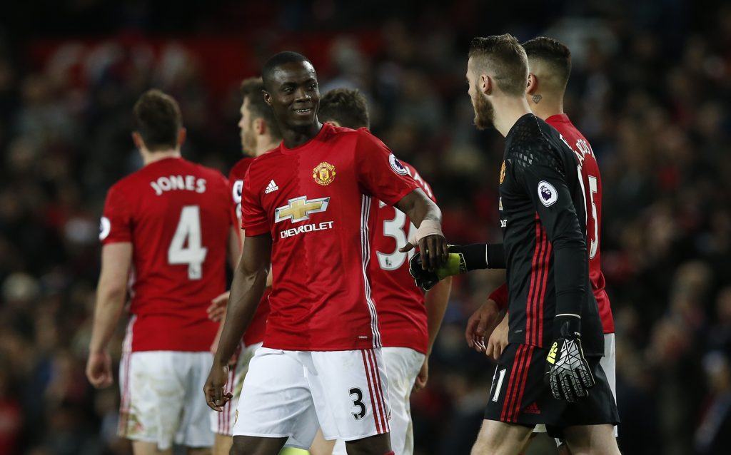 David De Gea celebrates after the game with Eric Bailly.