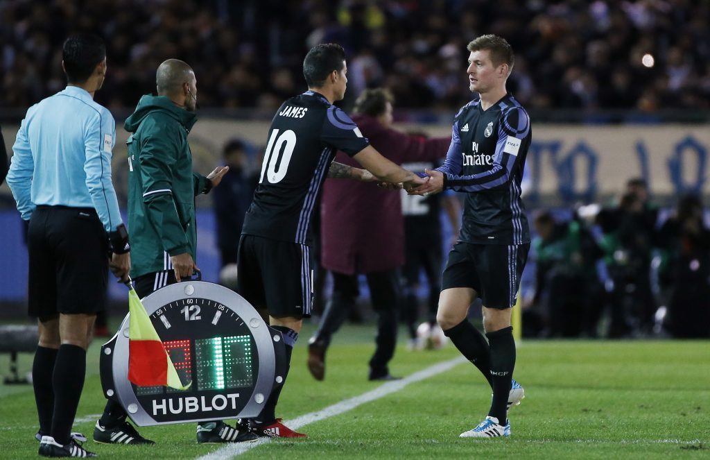 Toni Kroos is substituted for James Rodriguez.