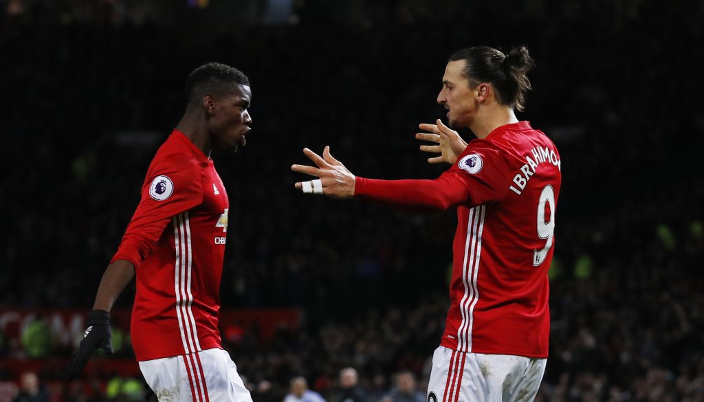 Zlatan Ibrahimovic celebrates scoring United's second goal with Paul Pogba.