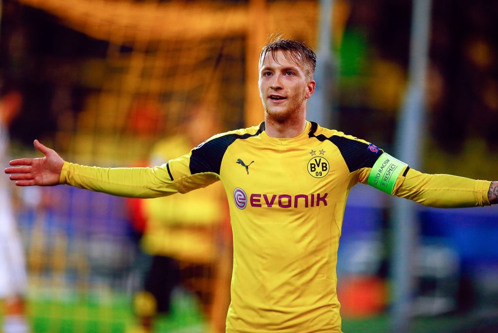 Dortmund's Marco Reus celebrates after he scored against Warszawa.