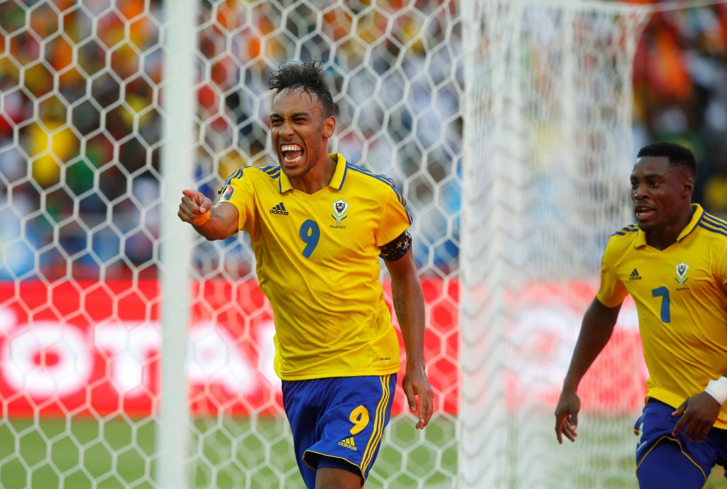 Gabon's Pierre-Emerick Aubameyang celebrates scoring a goal with Malick Evouna.