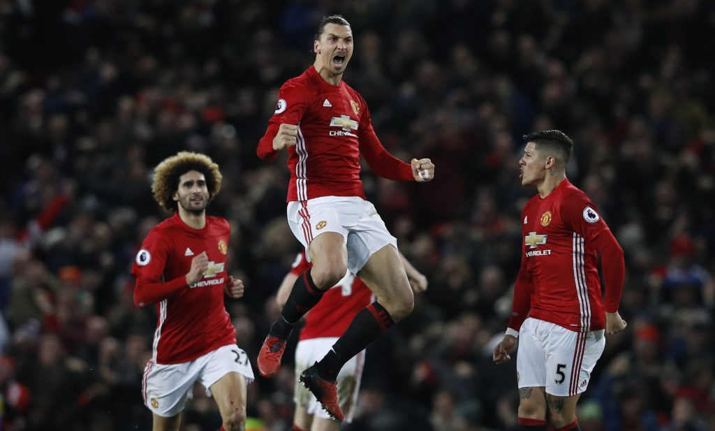 Manchester United's Zlatan Ibrahimovic celebrates scoring their first goal.