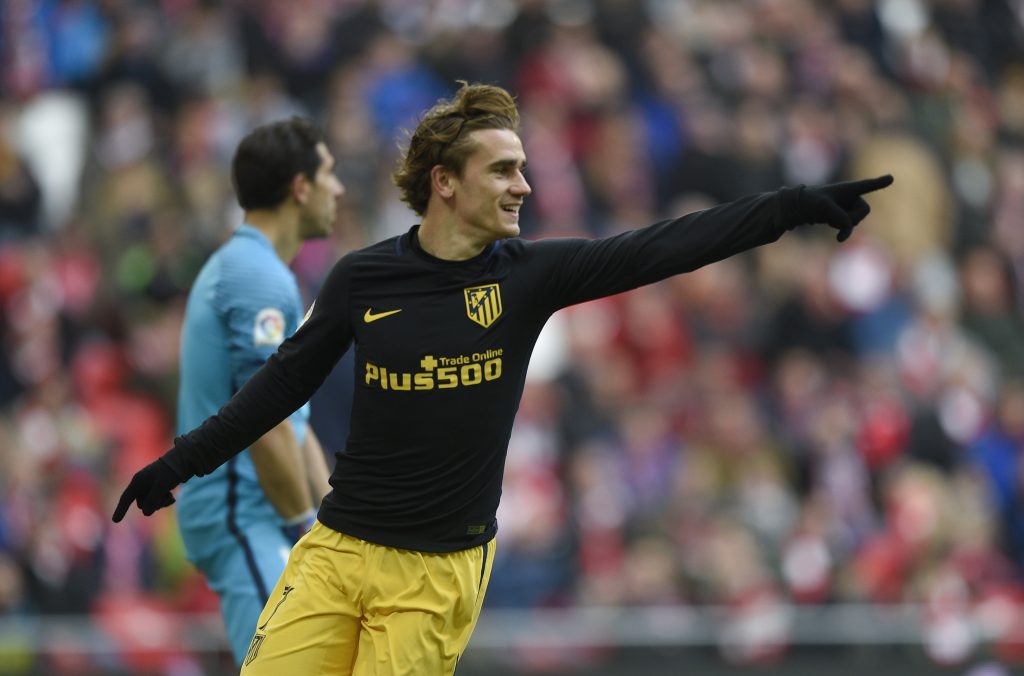 Atletico Madrid's Antoine Griezmann celebrates his team's first goal.
