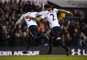 Danny Rose celebrates scoring Tottenham's second goal with Kyle Walker.