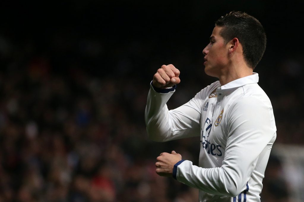 James Rodriguez celebrates his first goal.