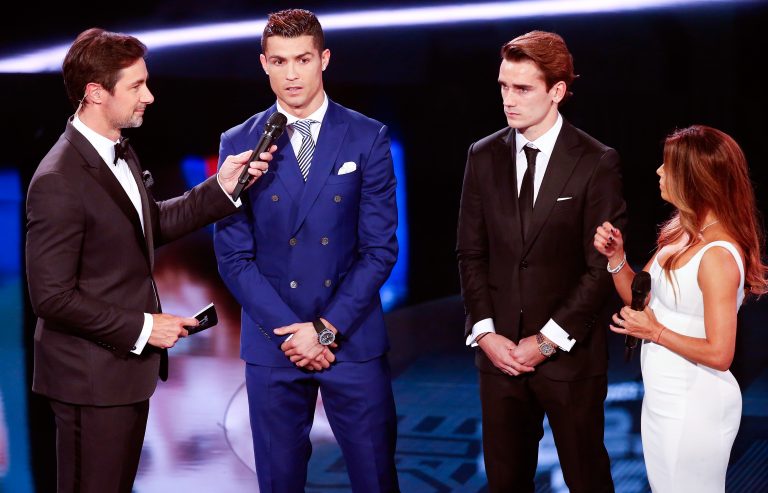 German presenter Marco Schreyl and U.S. actress Eva Longoria present the nominees Cristiano Ronaldo and Antoine Griezmann.