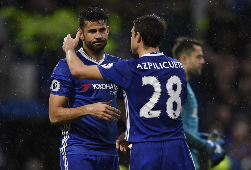 Chelsea's Diego Costa celebrates scoring their third goal with Cesar Azpilicueta.