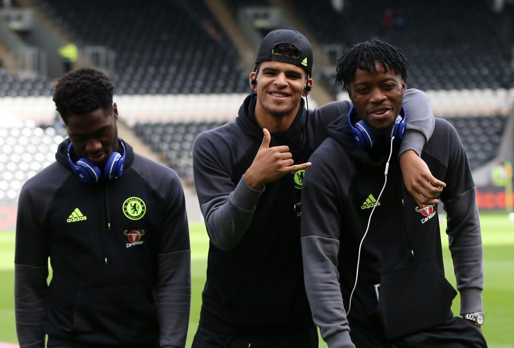 Chelsea's Nathaniel Chalobah with Dominic Solanke and Ola Aina in the ground before the match.