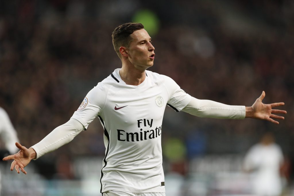 Paris Saint-Germain's Julian Draxler celebrates after scoring against Rennes.