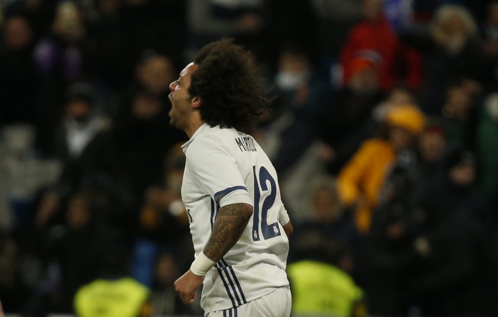 Real Madrid's Marcelo celebrates his first goal.