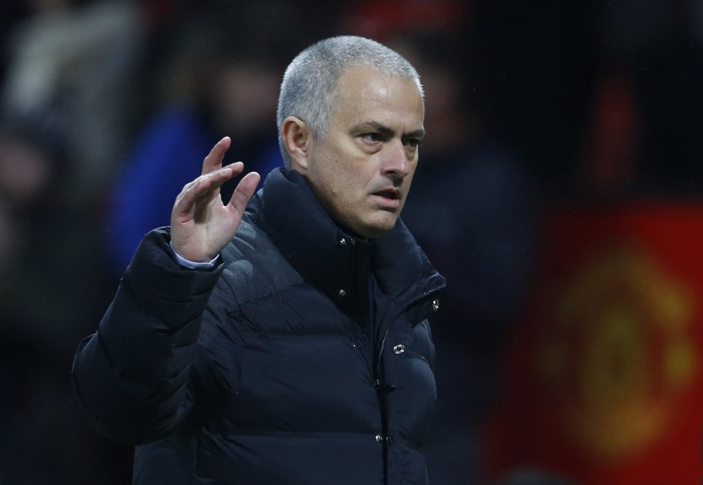 Manchester United manager Jose Mourinho gestures to the fans at the end of the match.
