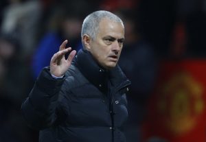 Manchester United manager Jose Mourinho gestures to the fans at the end of the match.