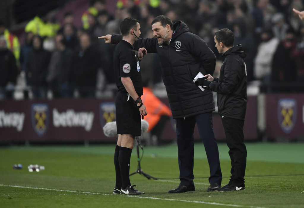 West Ham United manager Slaven Bilic remonstrates with referee Michael Oliver.