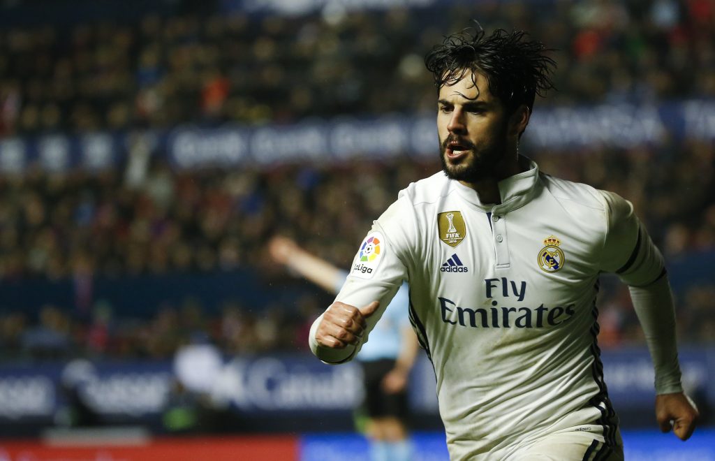 Real Madrid's Francisco "Isco" Alarcon celebrates after scoring a goal.