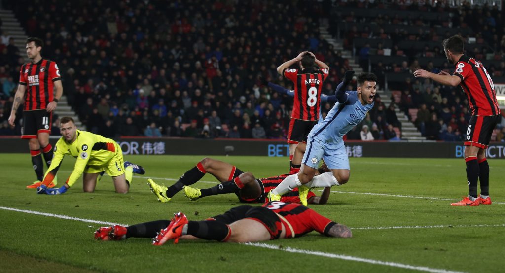 Manchester City's Sergio Aguero celebrates scoring their second goal.
