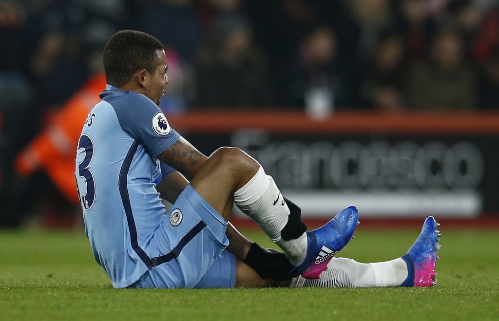 Manchester City's Gabriel Jesus sustains an injury.