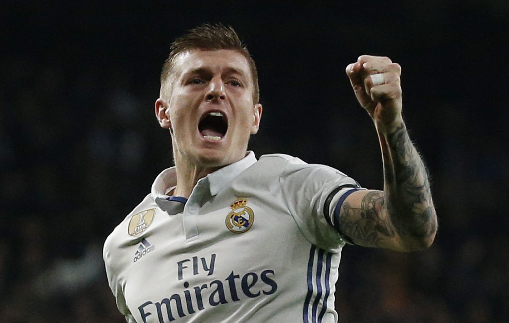 Real Madrid's Toni Kroos celebrates scoring their second goal.