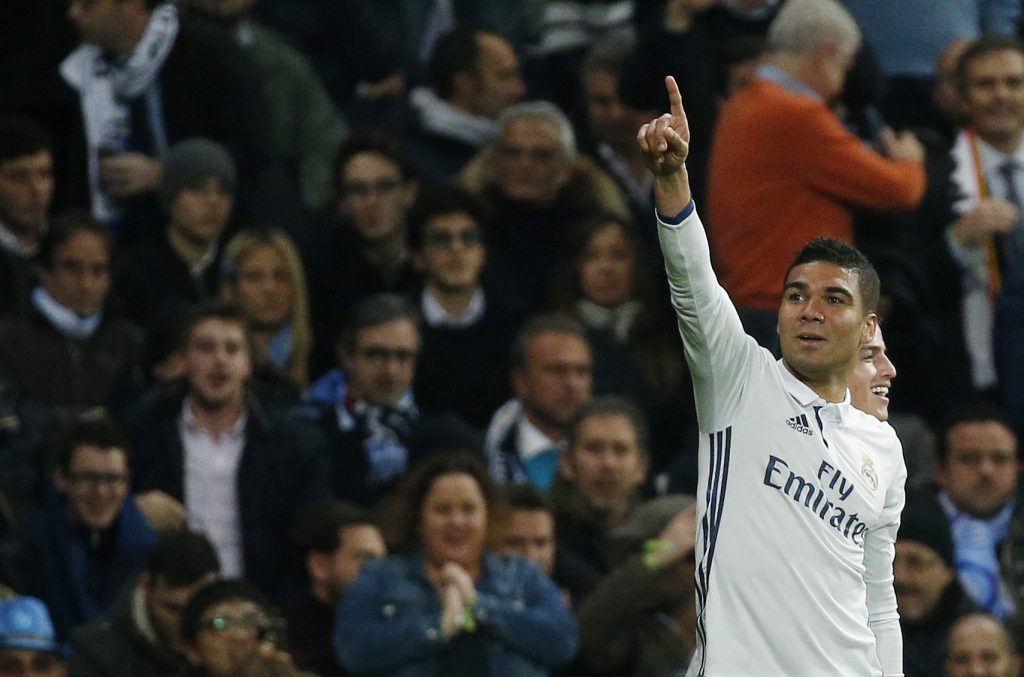 Real Madrid's Casemiro celebrates scoring their third goal.