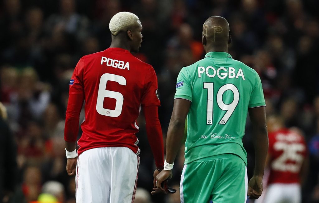 Manchester United's Paul Pogba and St Etienne's Florentin Pogba after the game.