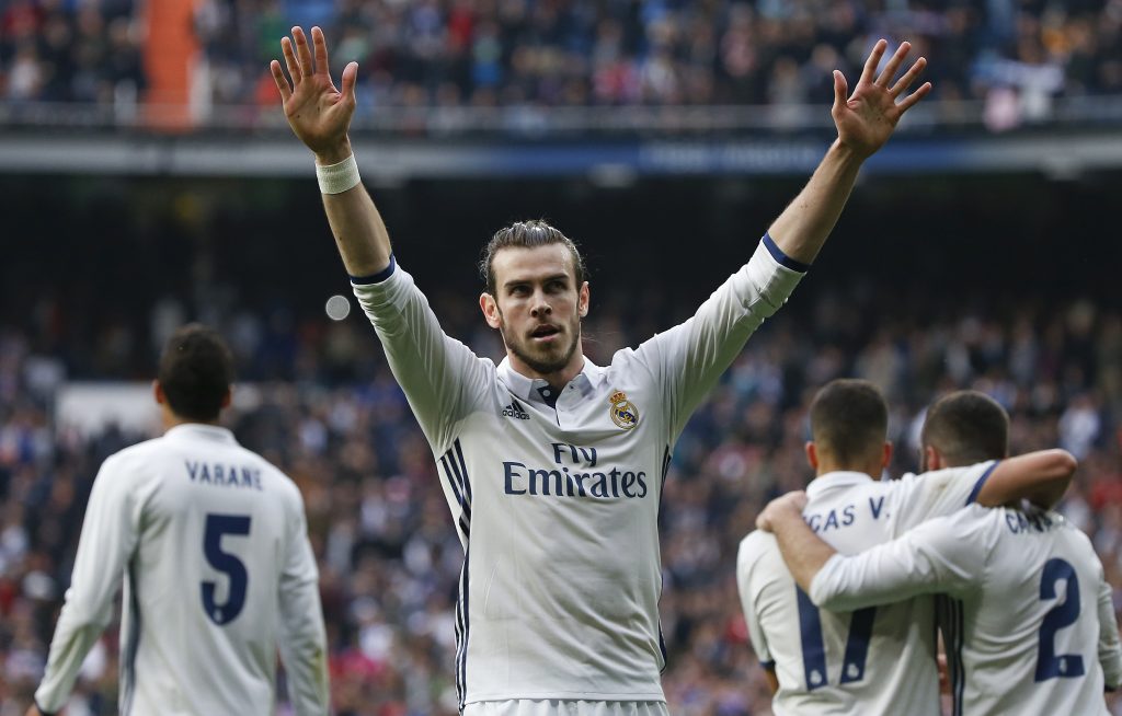 Gareth Bale celebrates after scoring against Espanyol.