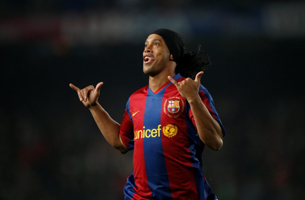 Barcelona's Ronaldinho celebrates his goal.