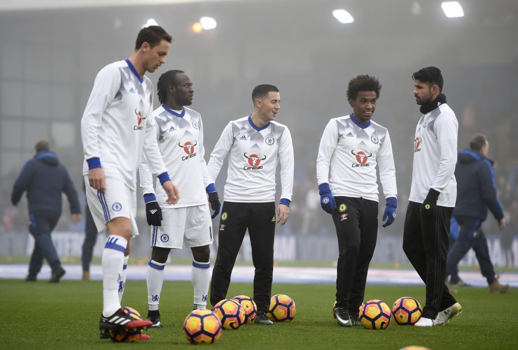 Chelsea's Nemanja Matic, Victor Moses, Eden Hazard, Willian and Diego Costa warm up before the game.