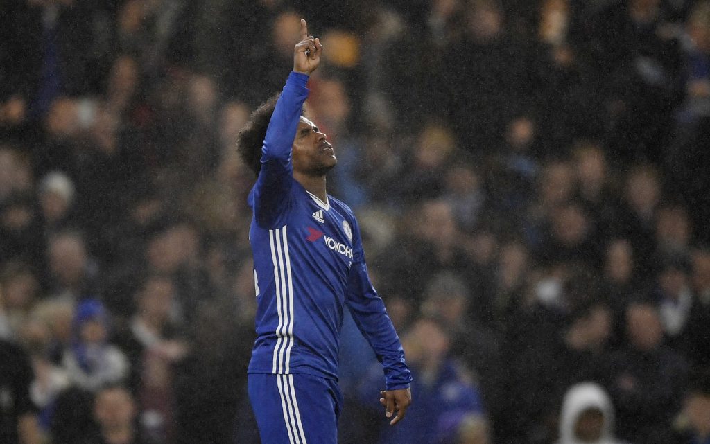 Chelsea's Willian celebrates scoring their third goal.