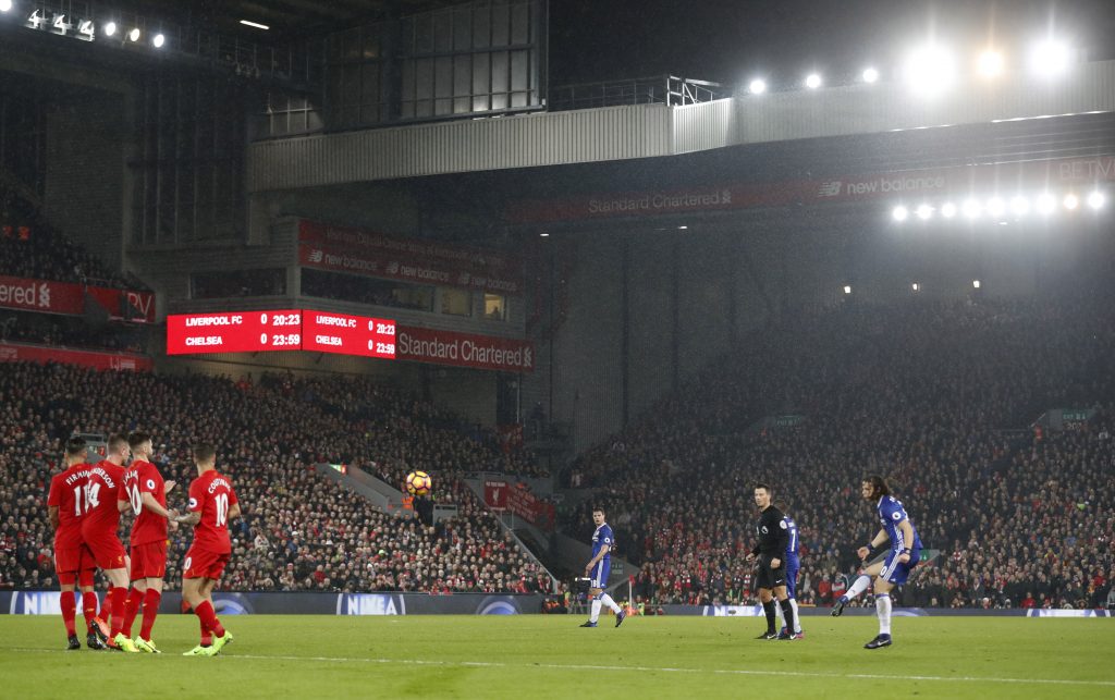 Chelsea's David Luiz scores their first goal from a free kick.