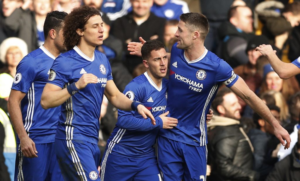 Chelsea's Eden Hazard celebrates scoring their second goal with team mates.
