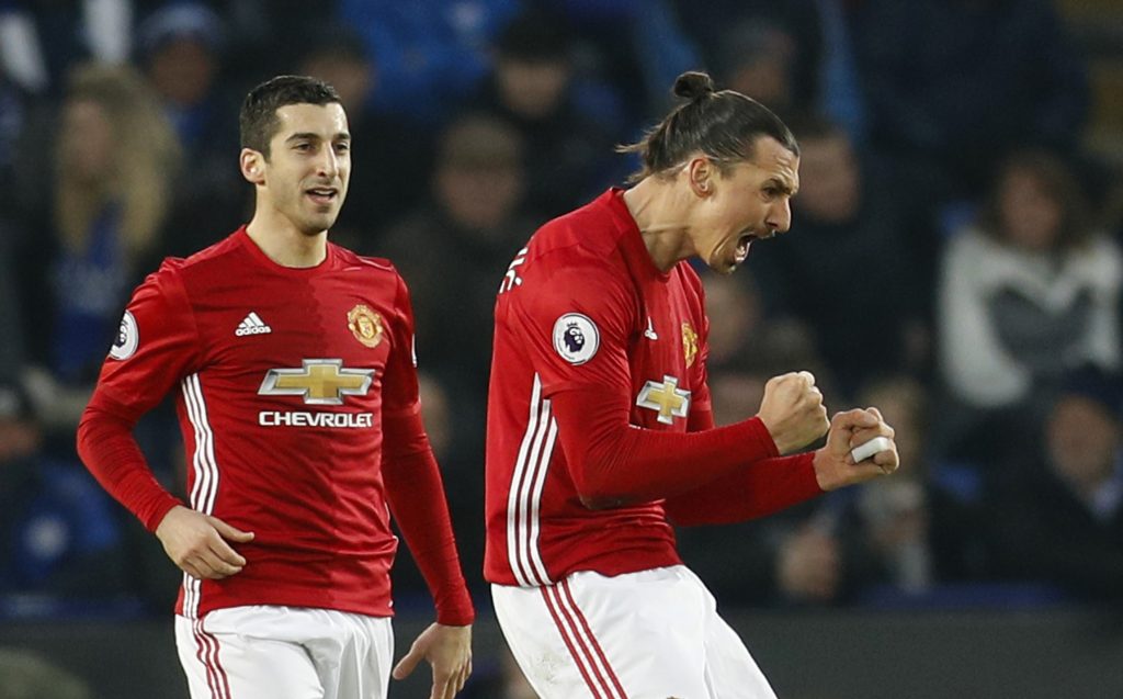 Manchester United's Zlatan Ibrahimovic celebrates scoring their second goal with Henrikh Mkhitaryan.