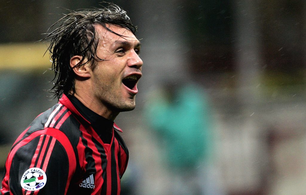 Milan's Paolo Maldini celebrates.