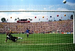 Italy's Roberto Baggio puts his penalty over the bar in the World Cup final against Brazil.