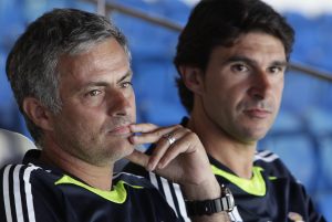 Real Madrid coach Jose Mourinho of Portugal (L) and his assistant Aitor Karanka.