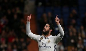 Real Madrid's Francisco "Isco" Alarcon celebrates after scoring a goal.