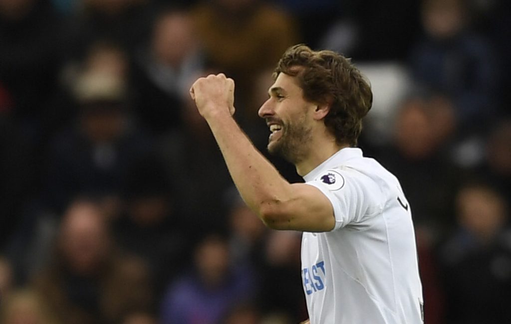 Swansea City's Fernando Llorente celebrates scoring their first goal.