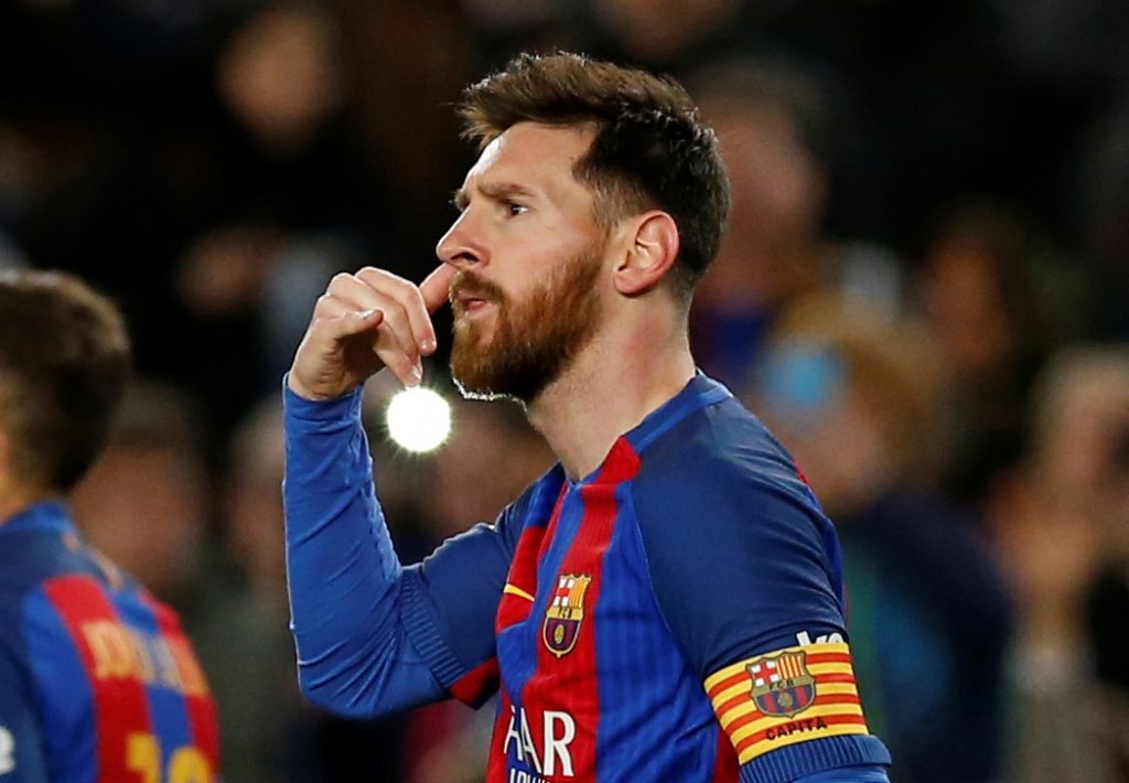 Barcelona's Lionel Messi gestures after scoring a goal.