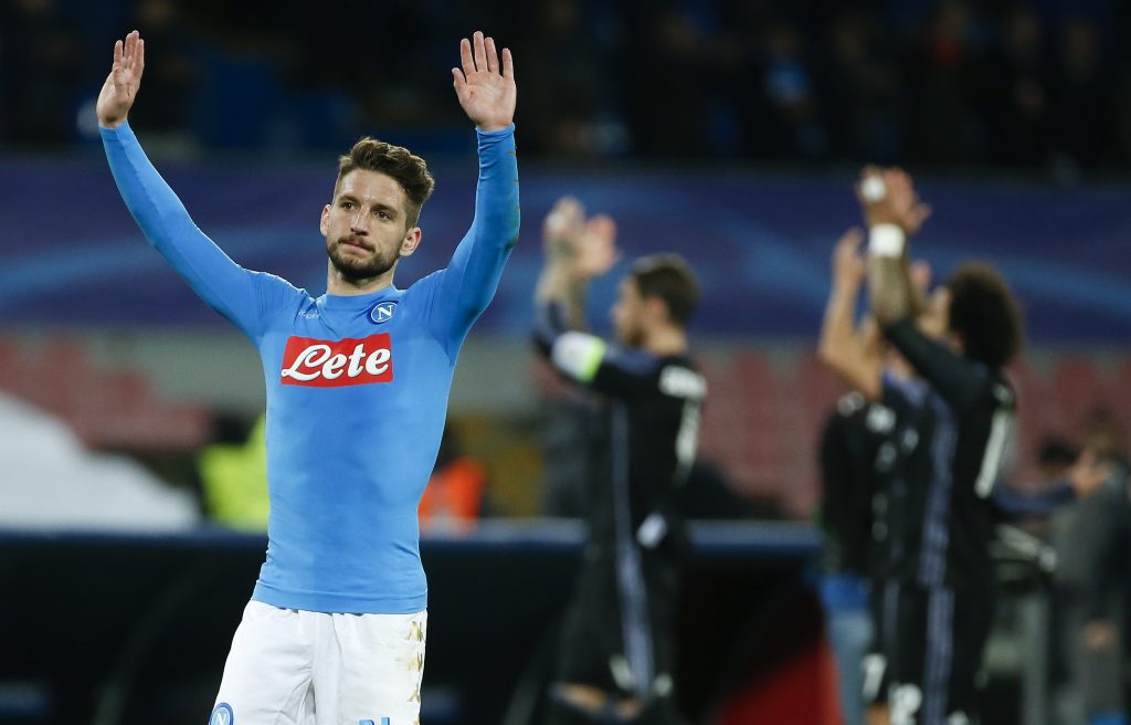 Napoli's Dries Mertens waves at the end of the match against Real Madrid.