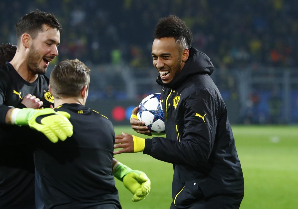 Borussia Dortmund's Pierre-Emerick Aubameyang with the matchball after scoring a hat trick.