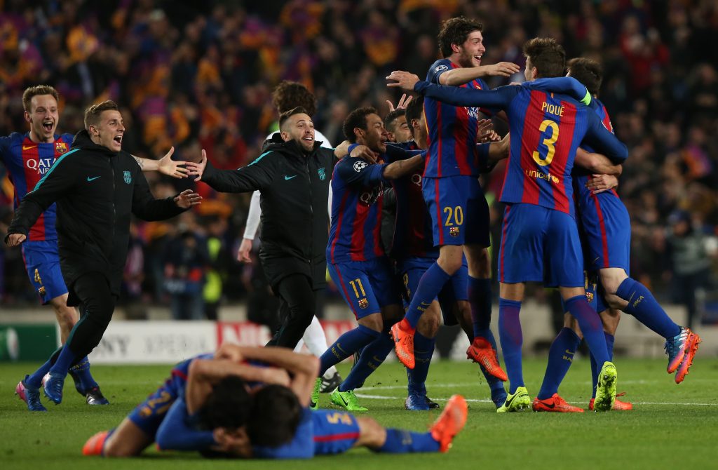 Barcelona players celebrate after the game.